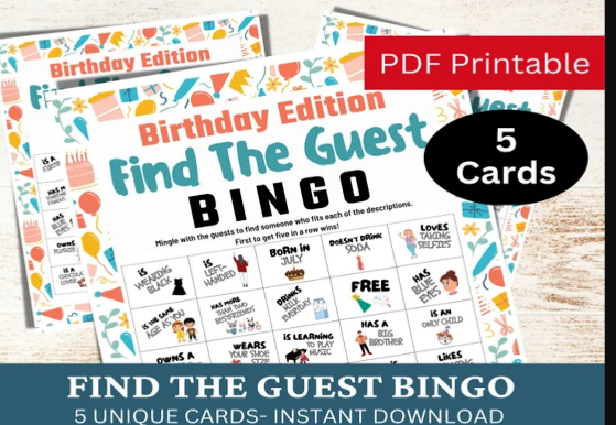 5 Birthday Find the Guest Bingo Game Cards for Kids Adults