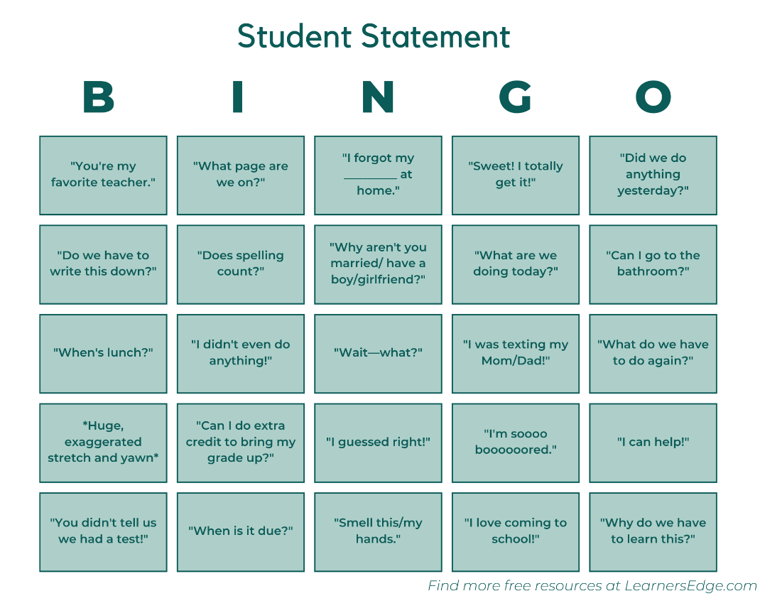 Have Fun During the School Day With Student Statement BINGO