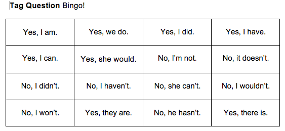 Yes/No & Tag Question Bingo Game