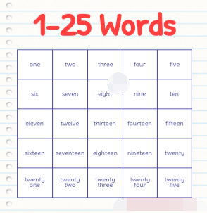 1-25 Words Bingo